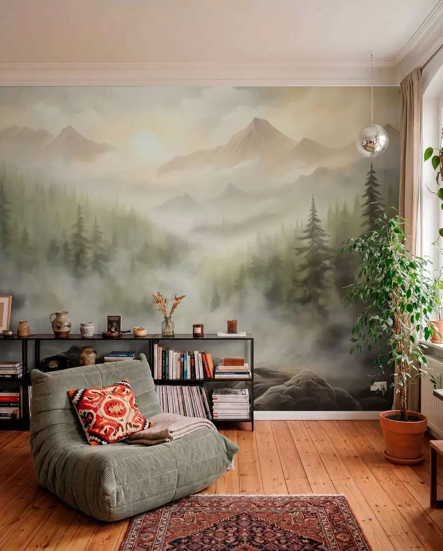 wall murals Шума у магли на позадини планина w04730
