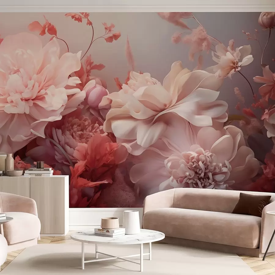 wall murals Волуметријски пудерасто-ружичасти божури у цветној композицији w09571