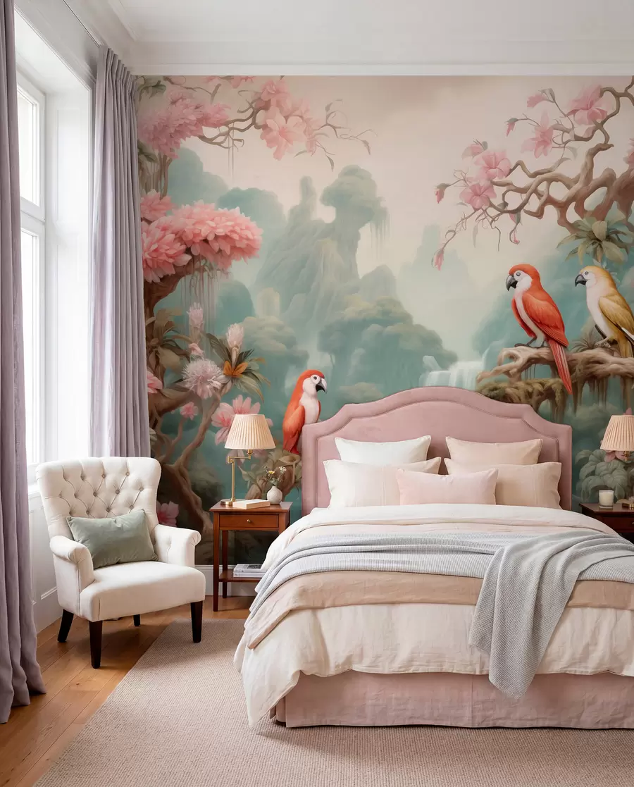 wall murals Бајковита тропска шума са папагајима, цветајућим дрвећем са ружичастим цветовима и водопадом w09580