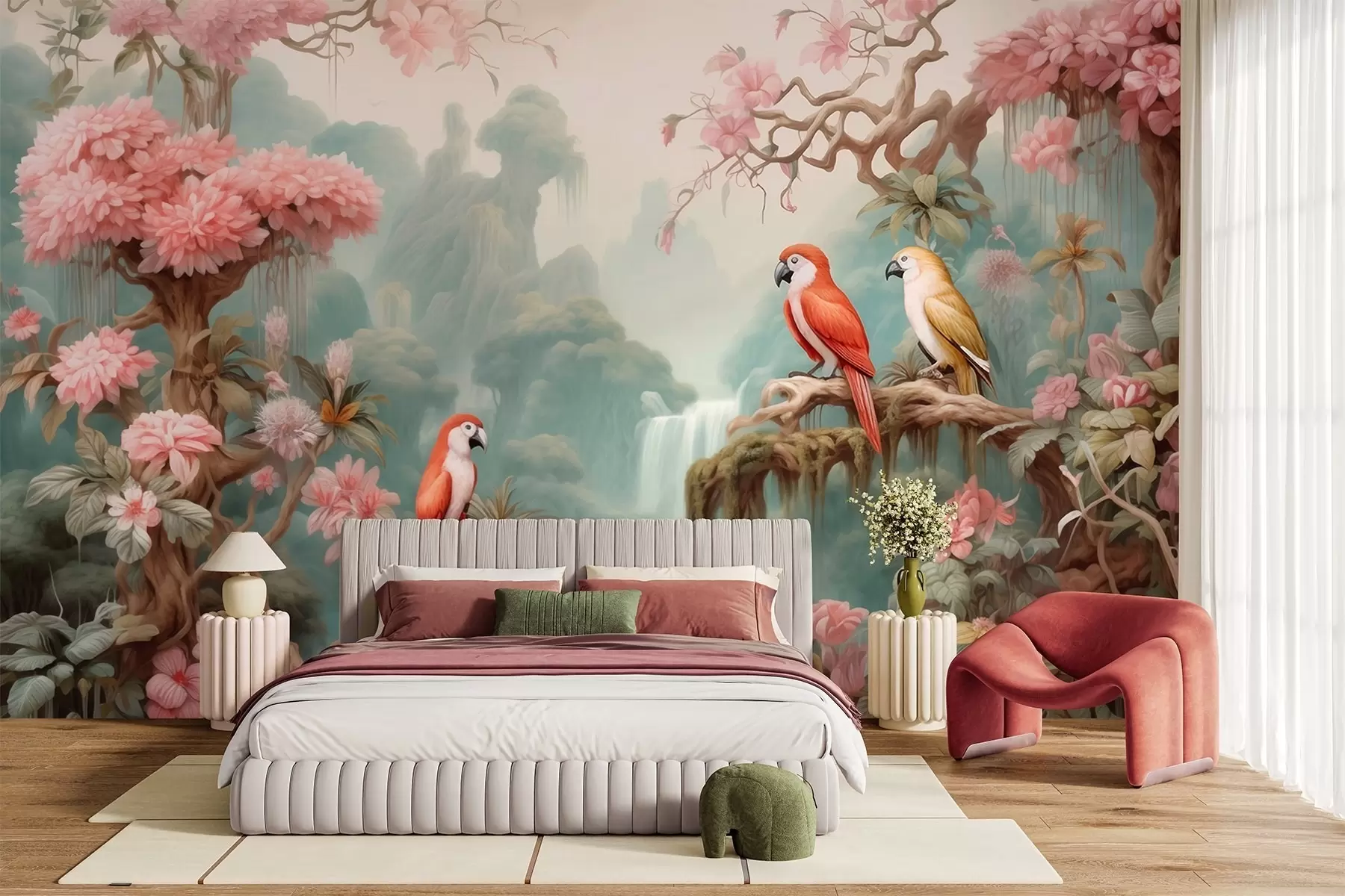 wall murals Бајковита тропска шума са папагајима, цветајућим дрвећем са ружичастим цветовима и водопадом w09580