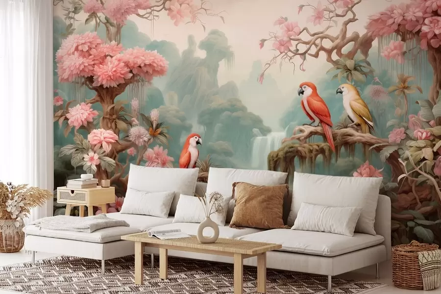 wall murals Бајковита тропска шума са папагајима, цветајућим дрвећем са ружичастим цветовима и водопадом w09580