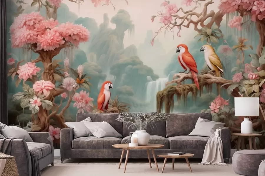 wall murals Бајковита тропска шума са папагајима, цветајућим дрвећем са ружичастим цветовима и водопадом w09580