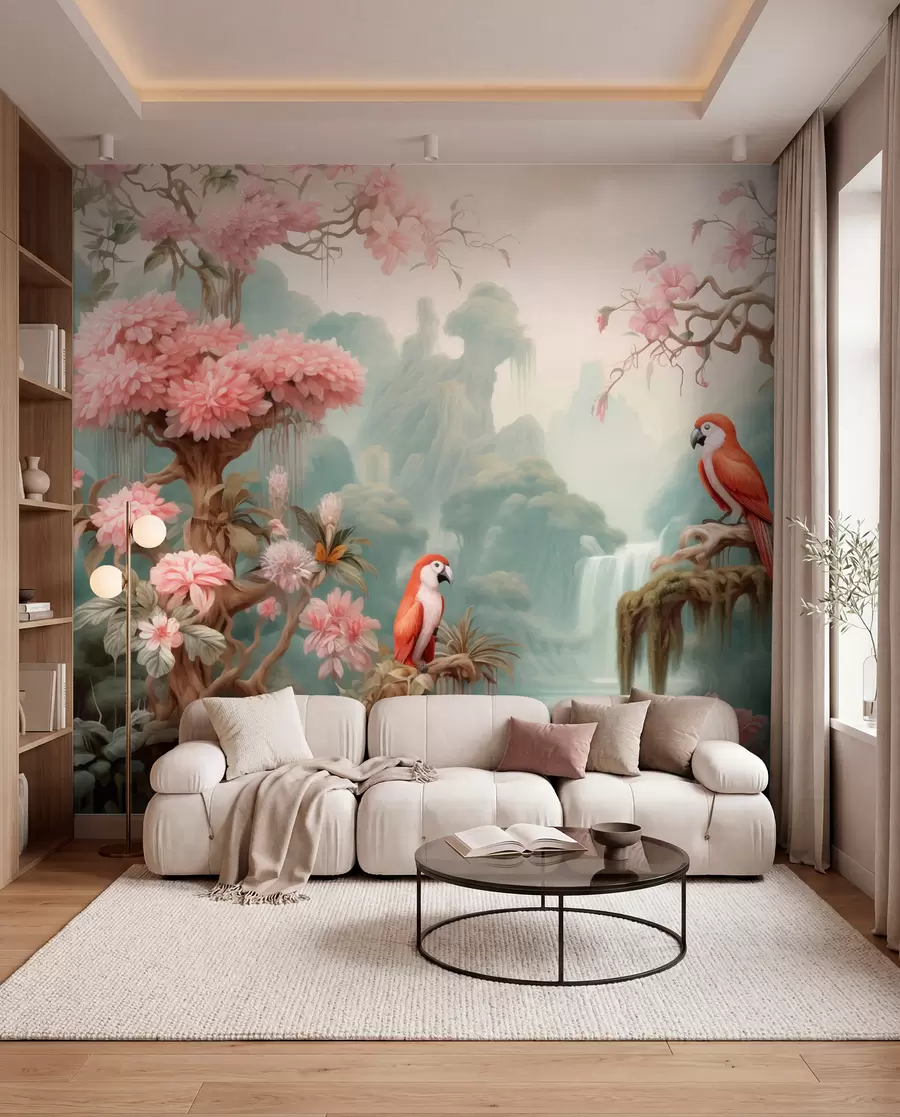 wall murals Бајковита тропска шума са папагајима, цветајућим дрвећем са ружичастим цветовима и водопадом w09580