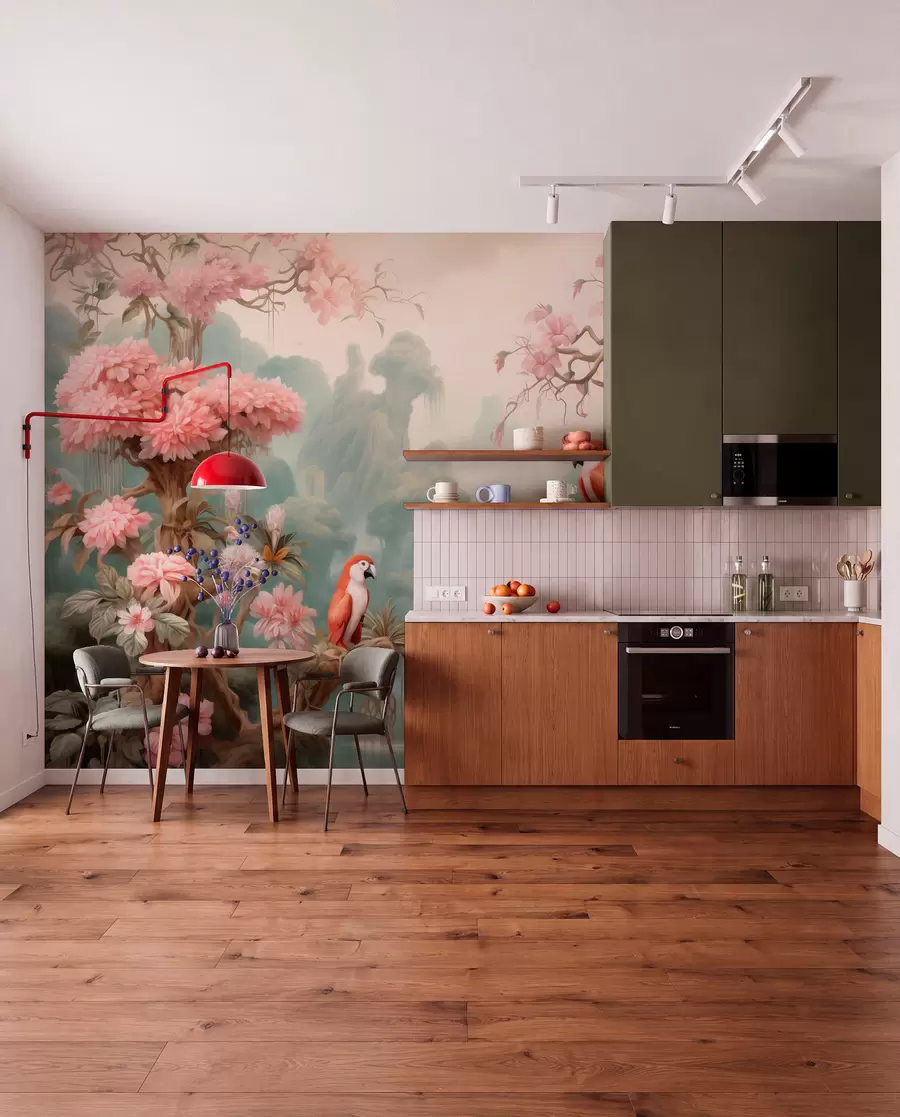 wall murals Бајковита тропска шума са папагајима, цветајућим дрвећем са ружичастим цветовима и водопадом w09580
