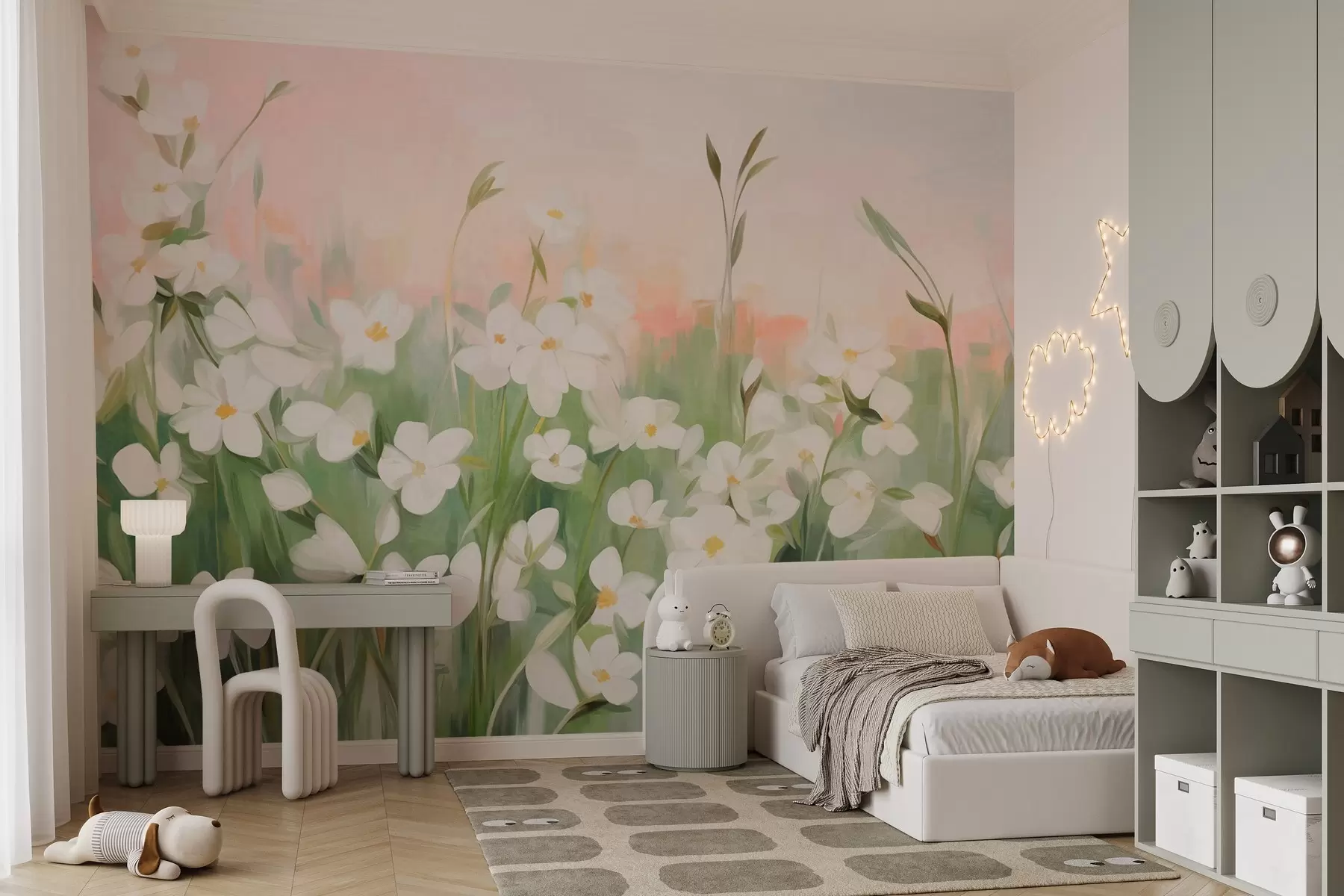 wall murals Апстрактно поље дивљег цвећа са зеленим стабљикама и листовима, наспрам нежно ружичастог и белог текстурираног неба w09297