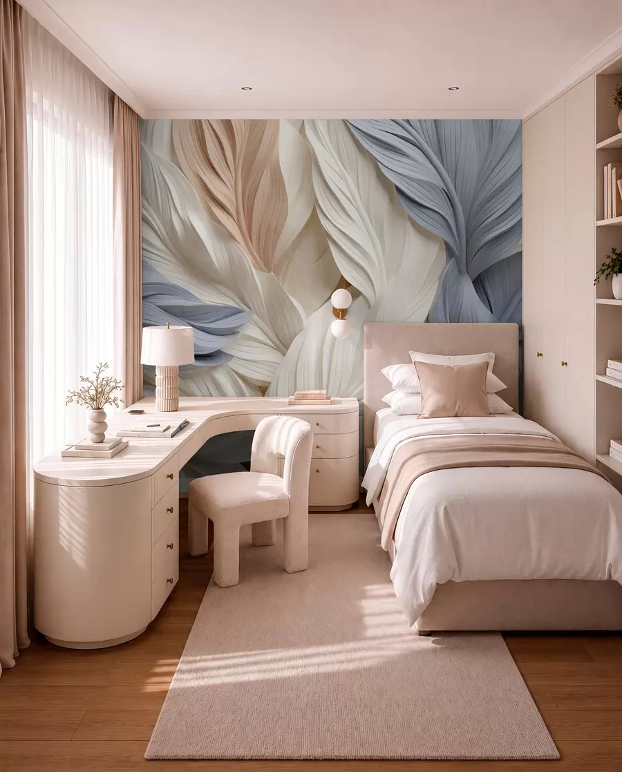 wall murals Апстрактно, слојевито перје у кремастим, беж и светлоплавим нијансама, са текстурираним, органским изгледом w09603
