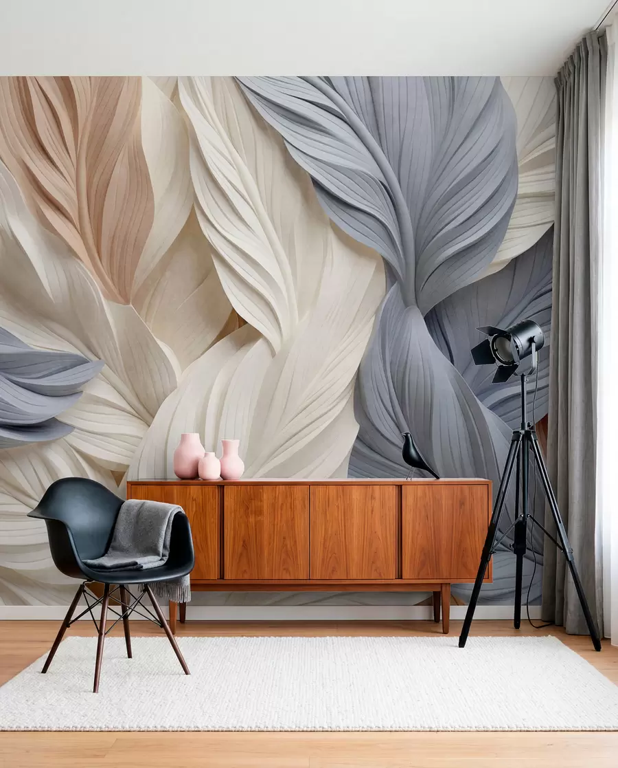 wall murals Апстрактно, слојевито перје у кремастим, беж и светлоплавим нијансама, са текстурираним, органским изгледом w09603