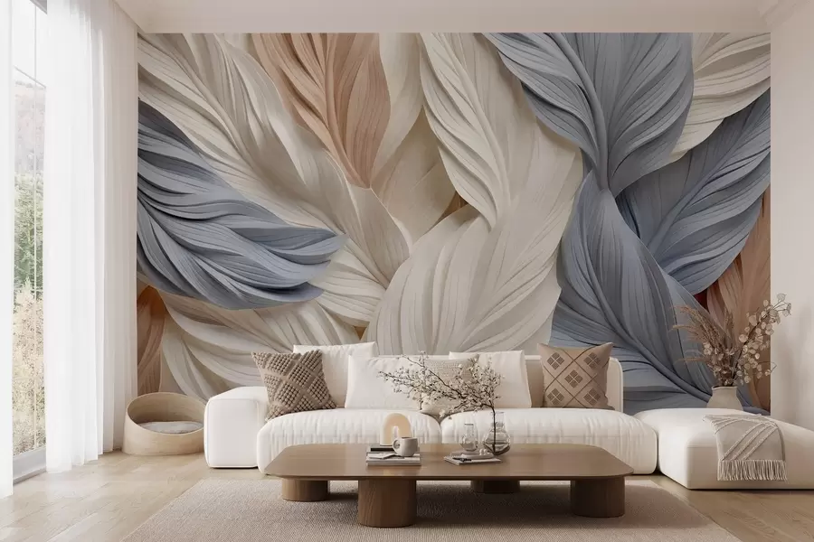wall murals Апстрактно, слојевито перје у кремастим, беж и светлоплавим нијансама, са текстурираним, органским изгледом w09603