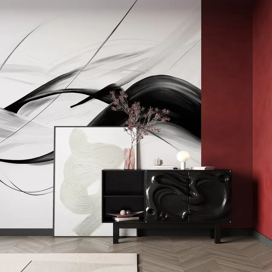 wall murals Апстрактни црно-бели потези четкицом са танким линијама стварају модеран дизајн на светлој позадини w09605