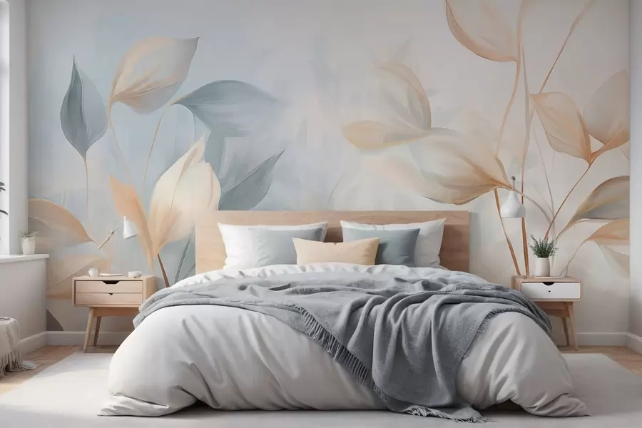wall murals Меки, нежни, провидни листови у пригушеним тоновима беж, брескве и бледоплаве, текстурирана пастелна уметност w09607