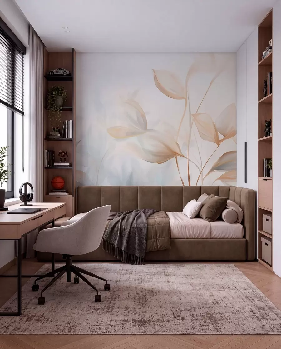 wall murals Меки, нежни, провидни листови у пригушеним тоновима беж, брескве и бледоплаве, текстурирана пастелна уметност w09607