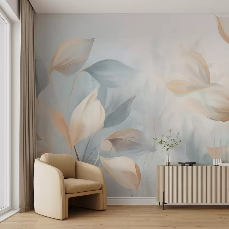 wall murals Меки, нежни, провидни листови у пригушеним тоновима беж, брескве и бледоплаве, текстурирана пастелна уметност w09607