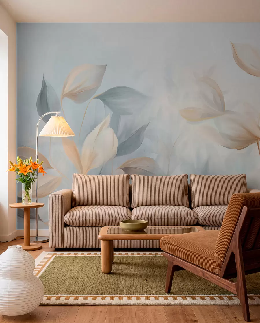 wall murals Меки, нежни, провидни листови у пригушеним тоновима беж, брескве и бледоплаве, текстурирана пастелна уметност w09607