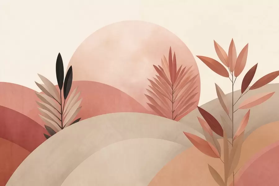 wall murals Апстрактни бохо пејзаж, сунце иза валовитих брда, биљке у првом плану, минималистички, текстурирани, пригушене боје w09608