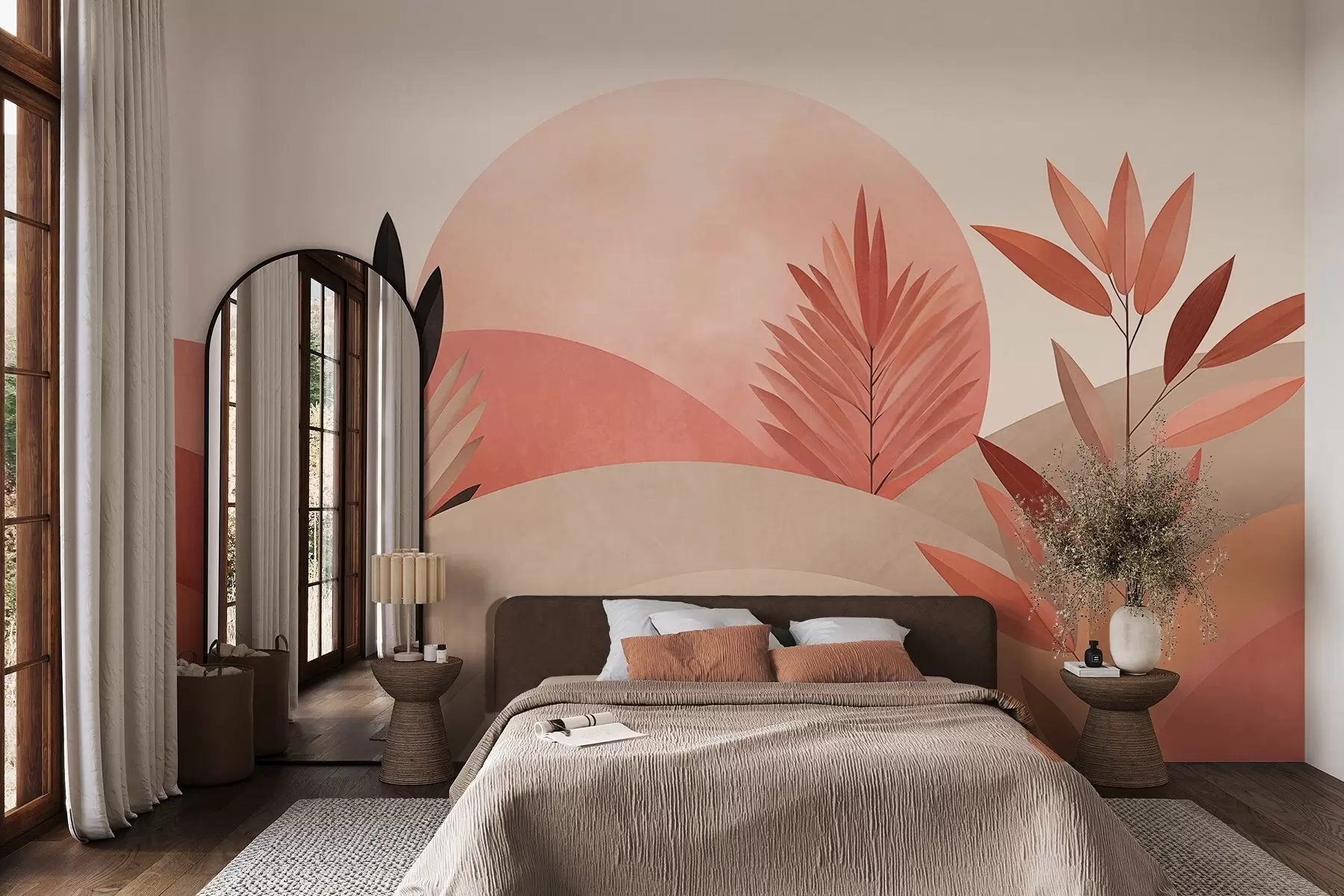 wall murals Апстрактни бохо пејзаж, сунце иза валовитих брда, биљке у првом плану, минималистички, текстурирани, пригушене боје w09608