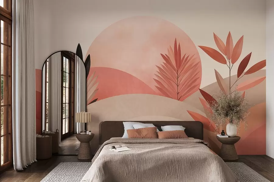 wall murals Апстрактни бохо пејзаж, сунце иза валовитих брда, биљке у првом плану, минималистички, текстурирани, пригушене боје w09608