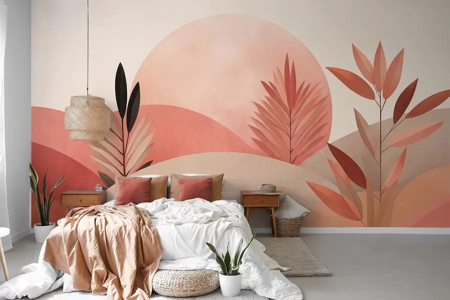 wall murals Апстрактни бохо пејзаж, сунце иза валовитих брда, биљке у првом плану, минималистички, текстурирани, пригушене боје w09608