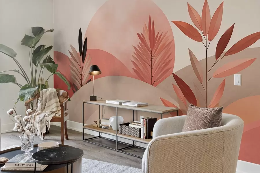 wall murals Апстрактни бохо пејзаж, сунце иза валовитих брда, биљке у првом плану, минималистички, текстурирани, пригушене боје w09608