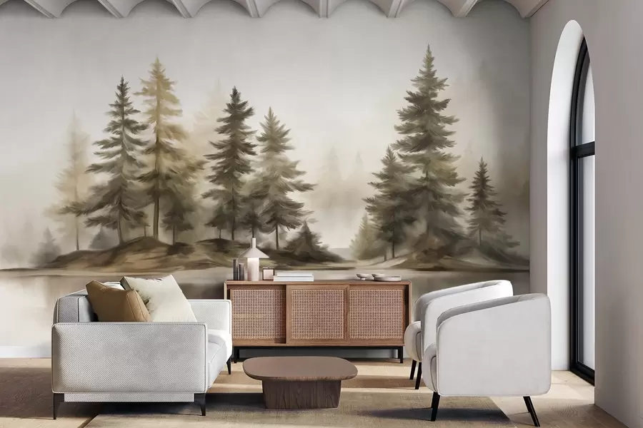 wall murals Текстурирана магловита шума са високим боровима, имитација сликања w09610