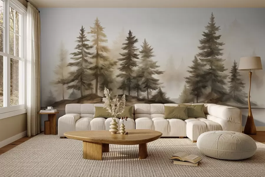 wall murals Текстурирана магловита шума са високим боровима, имитација сликања w09610