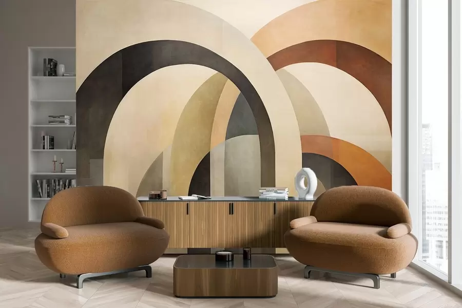 wall murals Апстрактни текстурирани геометријски лукови у земљаним тоновима беж, браон и сиве, слојевити модерни архитектонски дизајн w09611