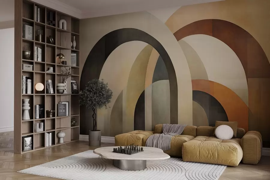 wall murals Апстрактни текстурирани геометријски лукови у земљаним тоновима беж, браон и сиве, слојевити модерни архитектонски дизајн w09611