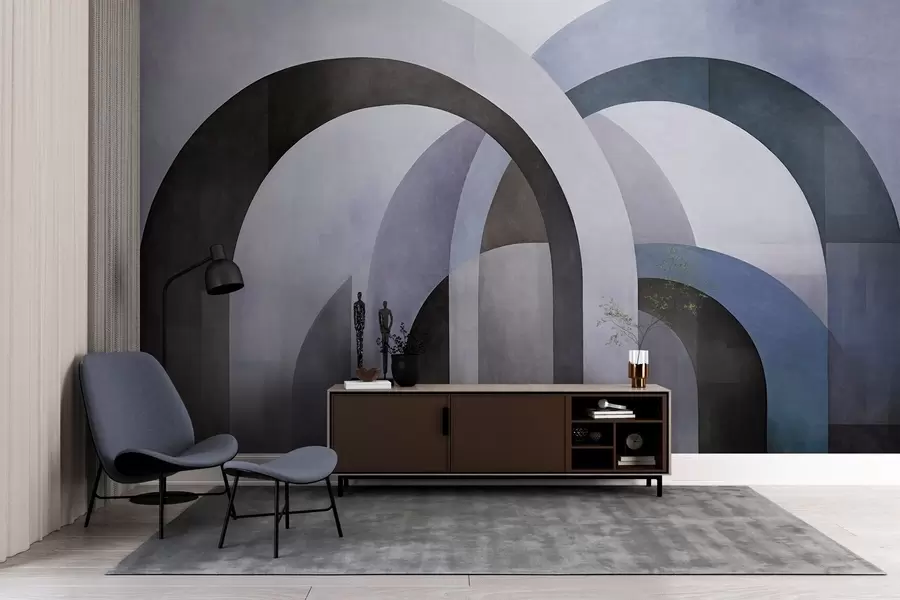 wall murals Апстрактни текстурирани геометријски лукови у тоновима плаве, црне и сиве, слојевити модерни архитектонски дизајн w09611v1