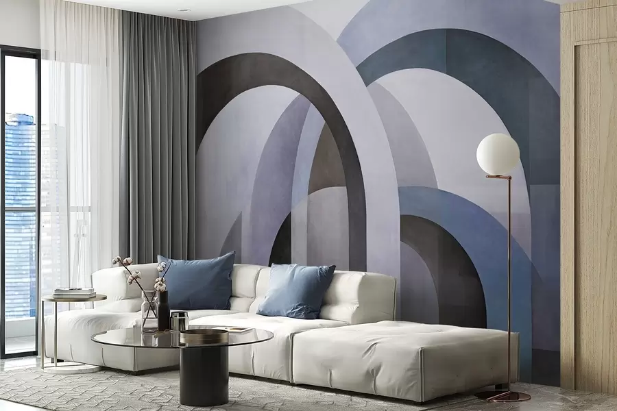 wall murals Апстрактни текстурирани геометријски лукови у тоновима плаве, црне и сиве, слојевити модерни архитектонски дизајн w09611v1