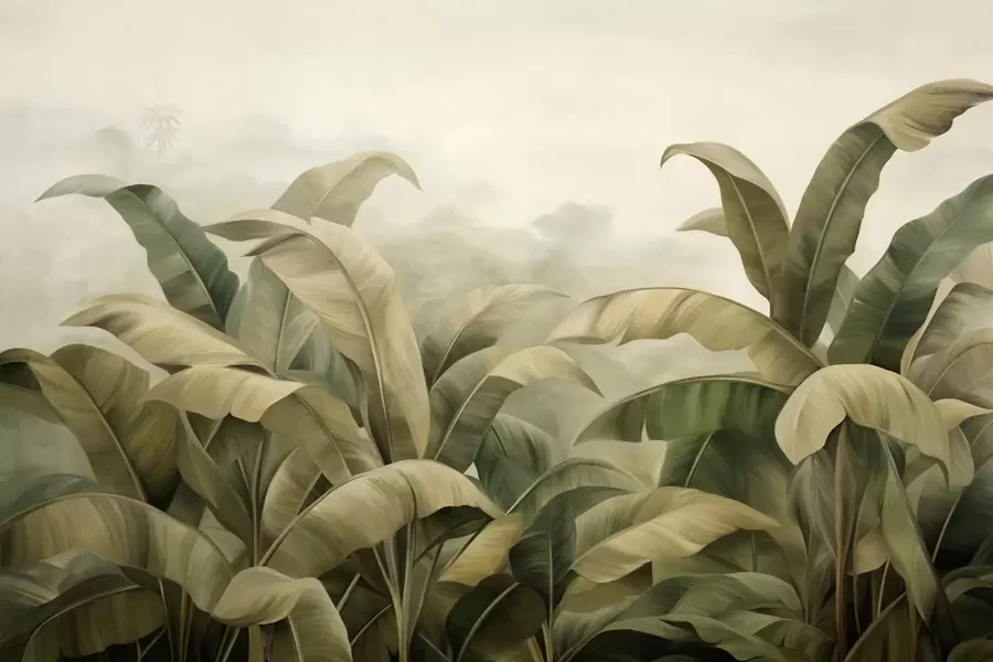 wall murals Текстурирани густи џунгларски пејзаж са великим листовима банане у пригушеним зеленим и беж тоновима w09613