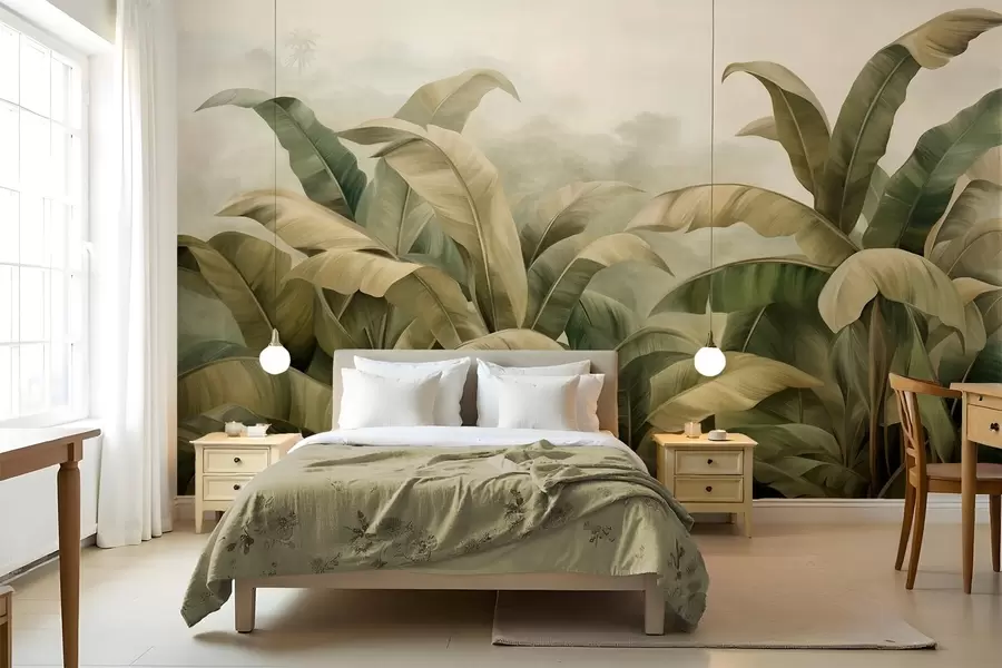 wall murals Текстурирани густи џунгларски пејзаж са великим листовима банане у пригушеним зеленим и беж тоновима w09613
