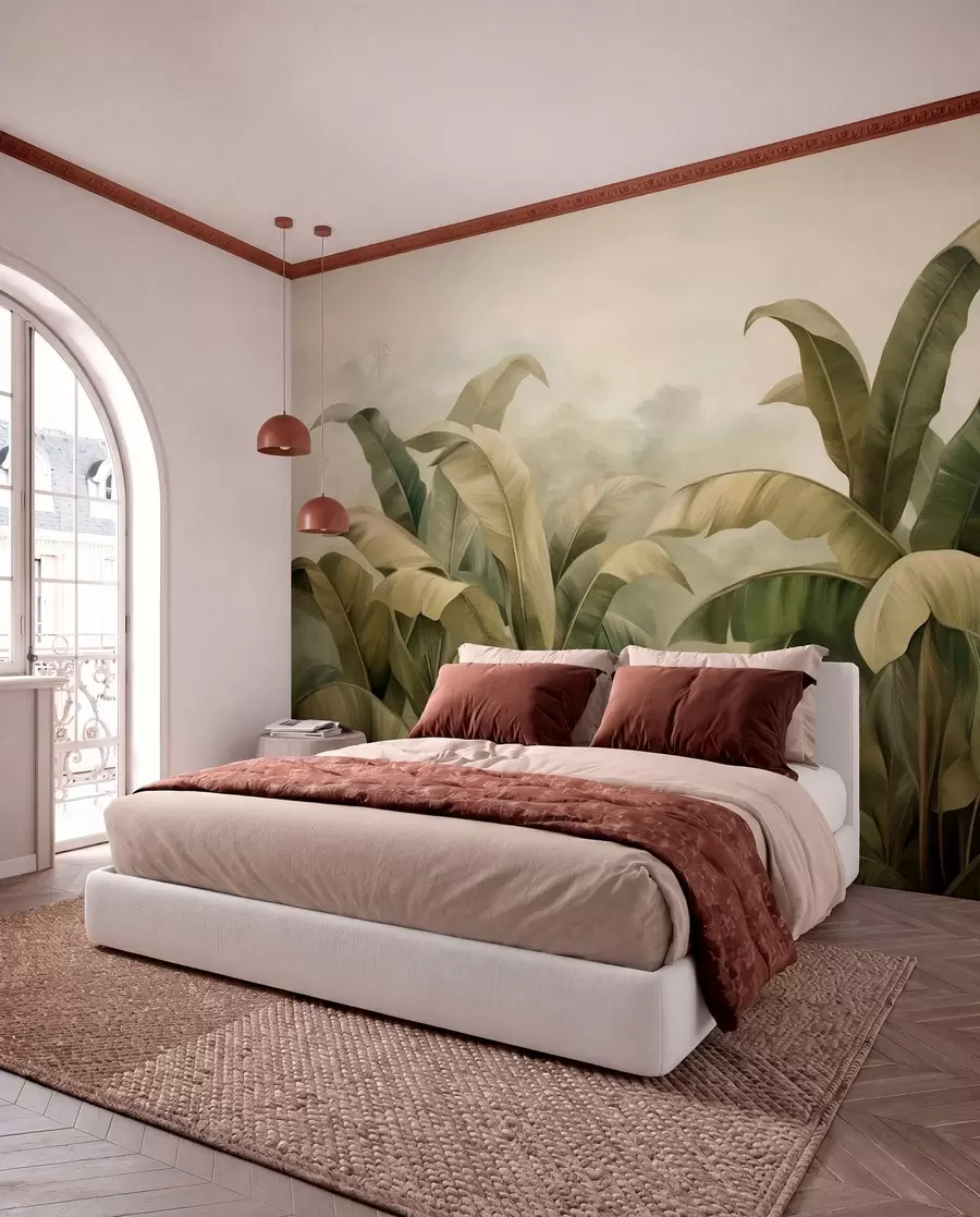 wall murals Текстурирани густи џунгларски пејзаж са великим листовима банане у пригушеним зеленим и беж тоновима w09613