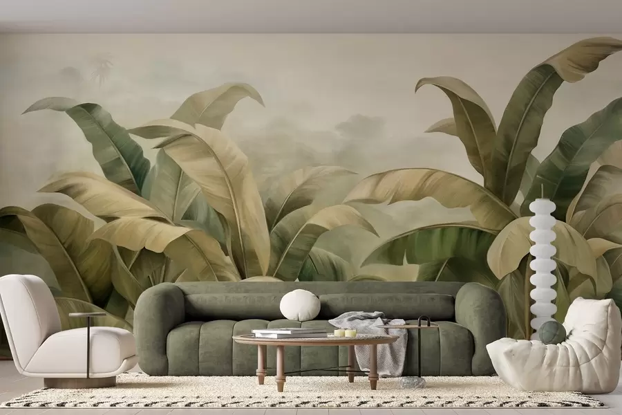wall murals Текстурирани густи џунгларски пејзаж са великим листовима банане у пригушеним зеленим и беж тоновима w09613