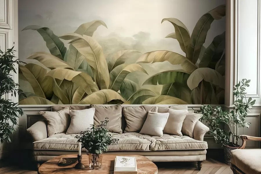wall murals Текстурирани густи џунгларски пејзаж са великим листовима банане у пригушеним зеленим и беж тоновима w09613