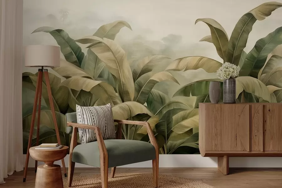 wall murals Текстурирани густи џунгларски пејзаж са великим листовима банане у пригушеним зеленим и беж тоновима w09613