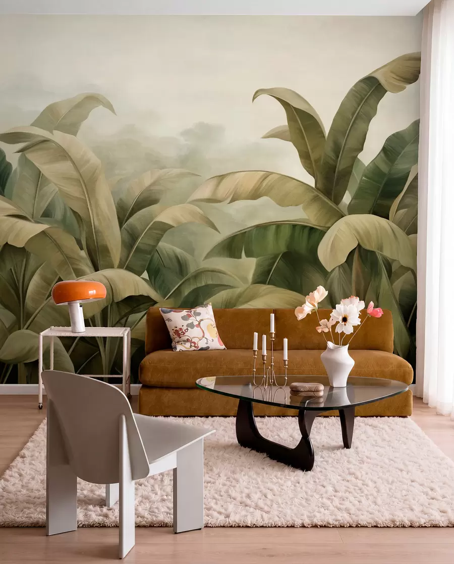 wall murals Текстурирани густи џунгларски пејзаж са великим листовима банане у пригушеним зеленим и беж тоновима w09613
