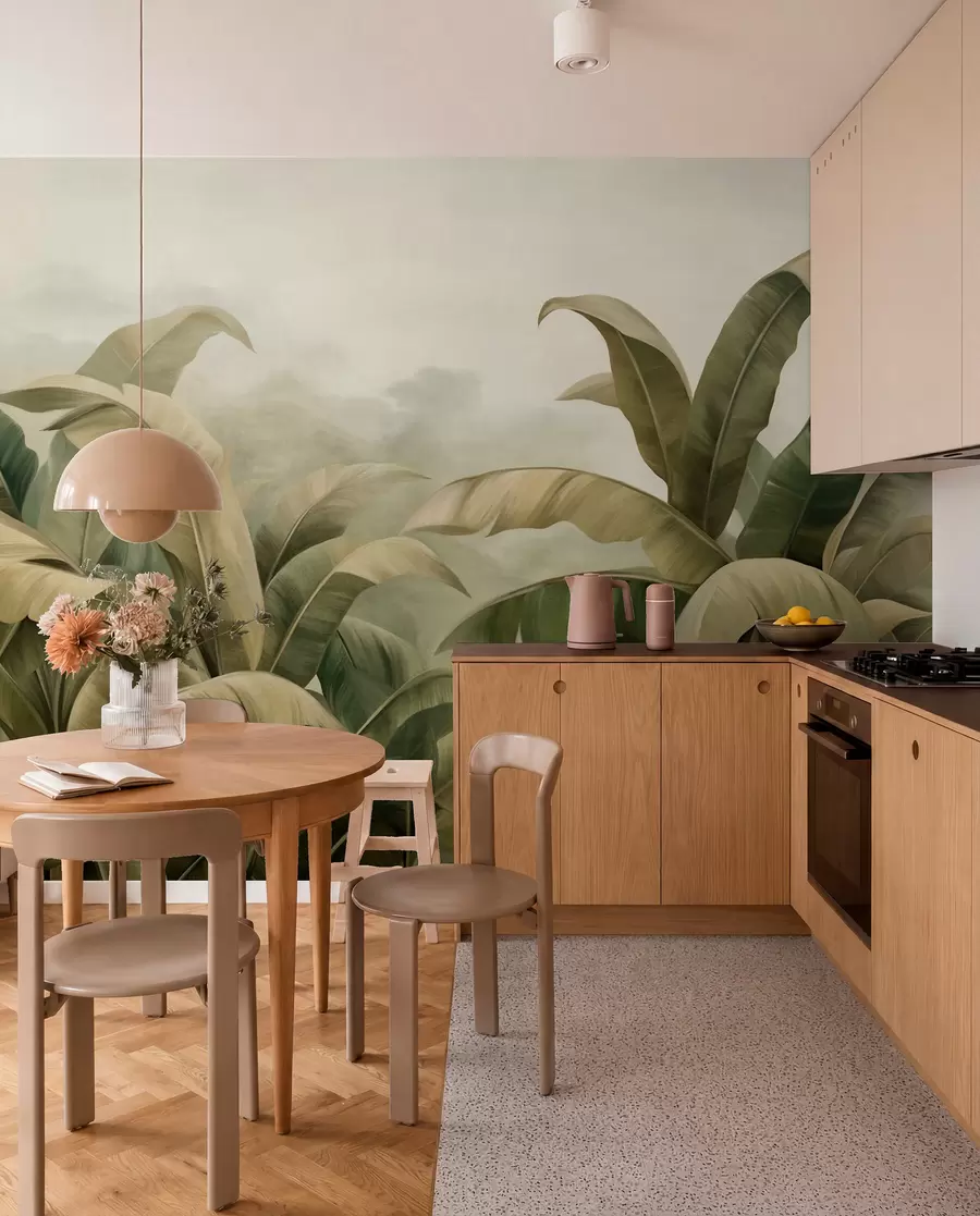 wall murals Текстурирани густи џунгларски пејзаж са великим листовима банане у пригушеним зеленим и беж тоновима w09613