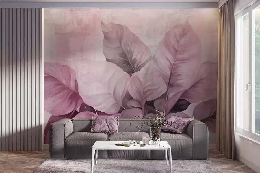 wall murals Текстурирана имитација сликања великих, светло ружичастих листова на неутралној позадини са суптилним потезима четкице w09614v1