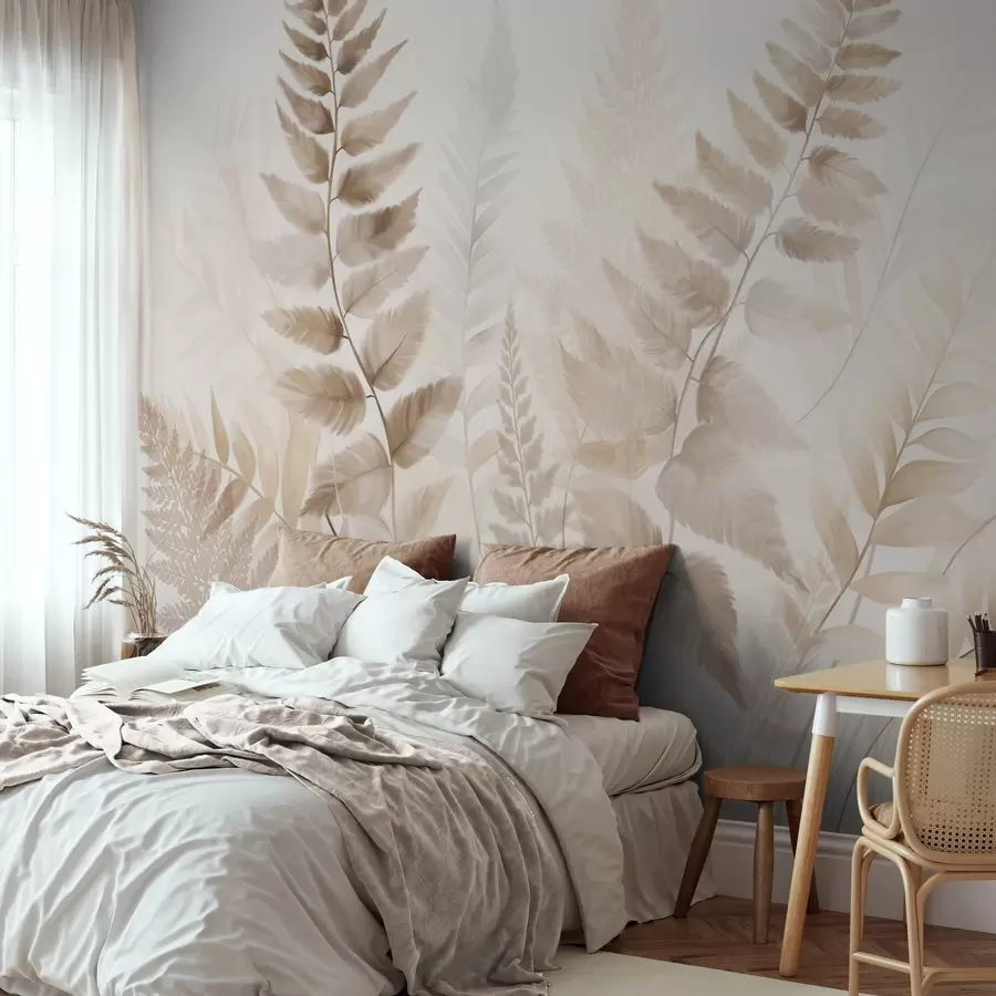 wall murals Текстурирани сушени листови папрати у различитим нијансама смеђе, са меком, светлом позадином у стилу акварела w09615