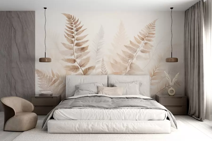 wall murals Текстурирани сушени листови папрати у различитим нијансама смеђе, са меком, светлом позадином у стилу акварела w09615