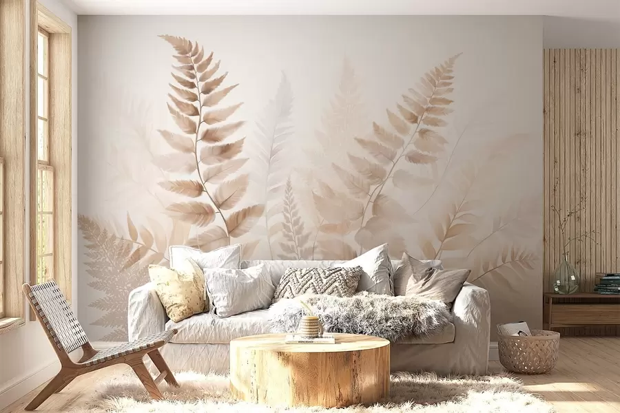 wall murals Текстурирани сушени листови папрати у различитим нијансама смеђе, са меком, светлом позадином у стилу акварела w09615