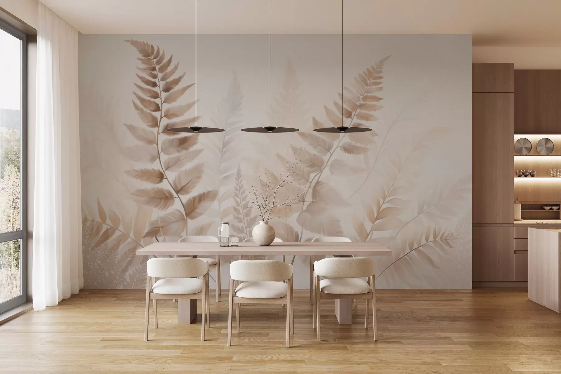 wall murals Текстурирани сушени листови папрати у различитим нијансама смеђе, са меком, светлом позадином у стилу акварела w09615