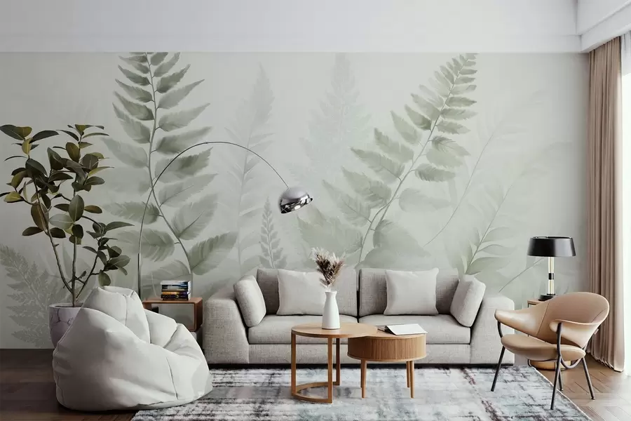wall murals Текстурирани сушени листови папрати у различитим нијансама зелене, са меком, светлом позадином у стилу акварела w09615v1