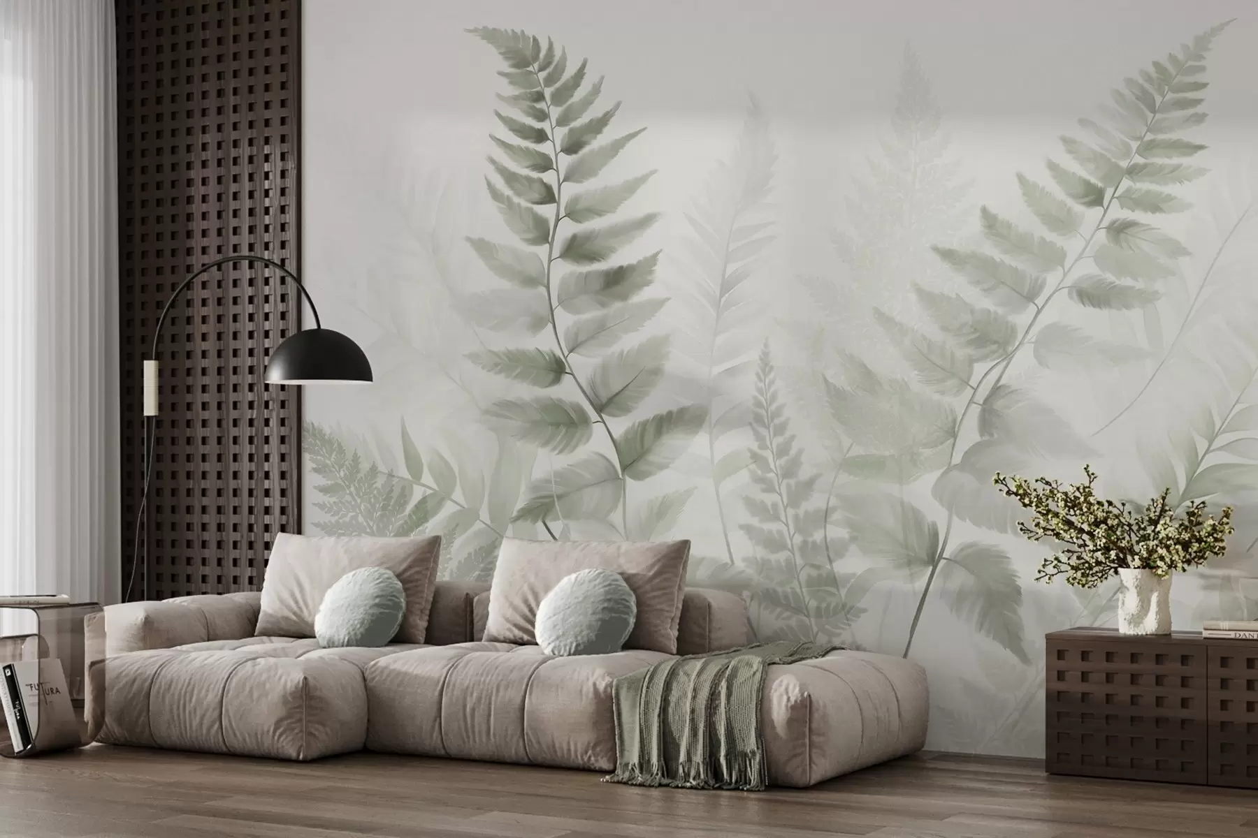 wall murals Текстурирани сушени листови папрати у различитим нијансама зелене, са меком, светлом позадином у стилу акварела w09615v1