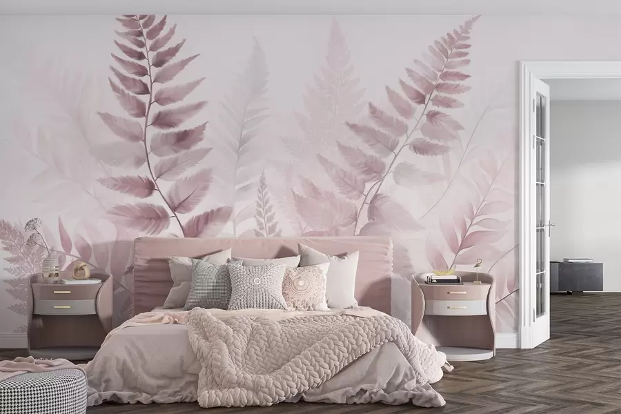 wall murals Текстурирани сушени листови папрати у различитим нијансама ружичасте, са меком, светлом позадином у стилу акварела w09615v2