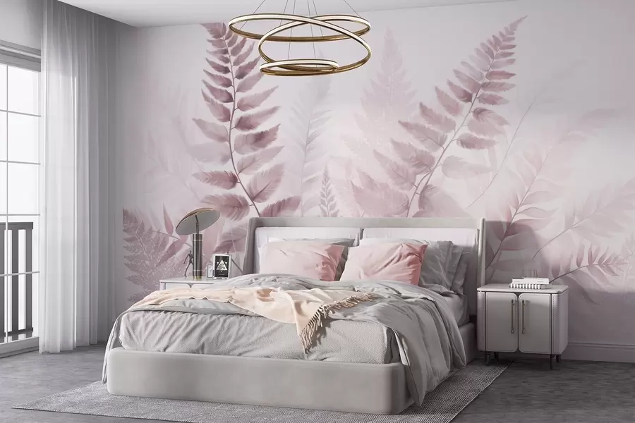 wall murals Текстурирани сушени листови папрати у различитим нијансама ружичасте, са меком, светлом позадином у стилу акварела w09615v2