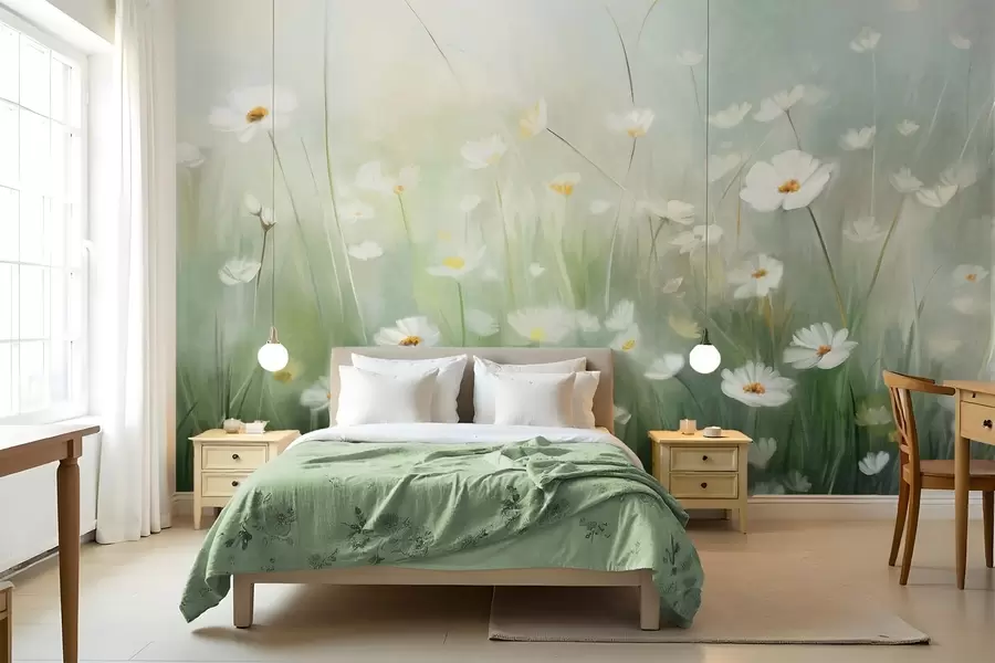wall murals Апстрактно поље белих тратинчица са зеленом травом и меком, магловитом позадином у стилу сликарства w09619