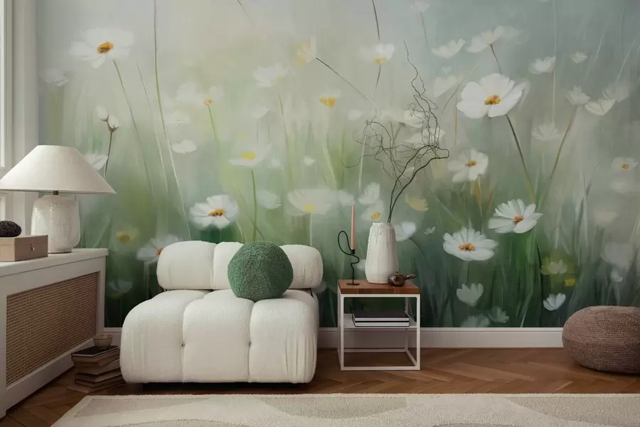 wall murals Апстрактно поље белих тратинчица са зеленом травом и меком, магловитом позадином у стилу сликарства w09619