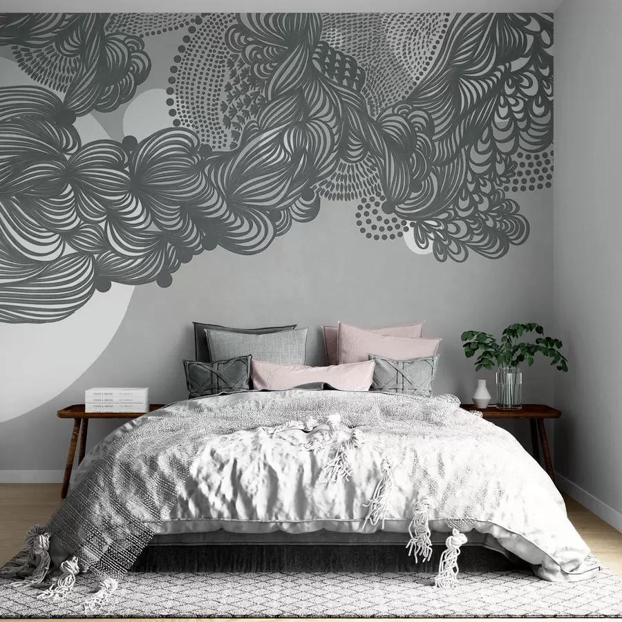 wall murals Апстрактни текстурирани дизајн на сивој позадини, са замршеним линијским радом и тачкастим текстурама w09621v1