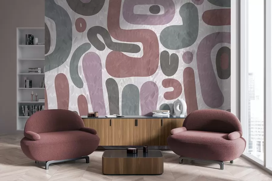 wall murals Апстрактни текстурирани облици у пригушеним ружичастим, зеленим и сивим тоновима, на текстурираној позадини модерне уметности w09622