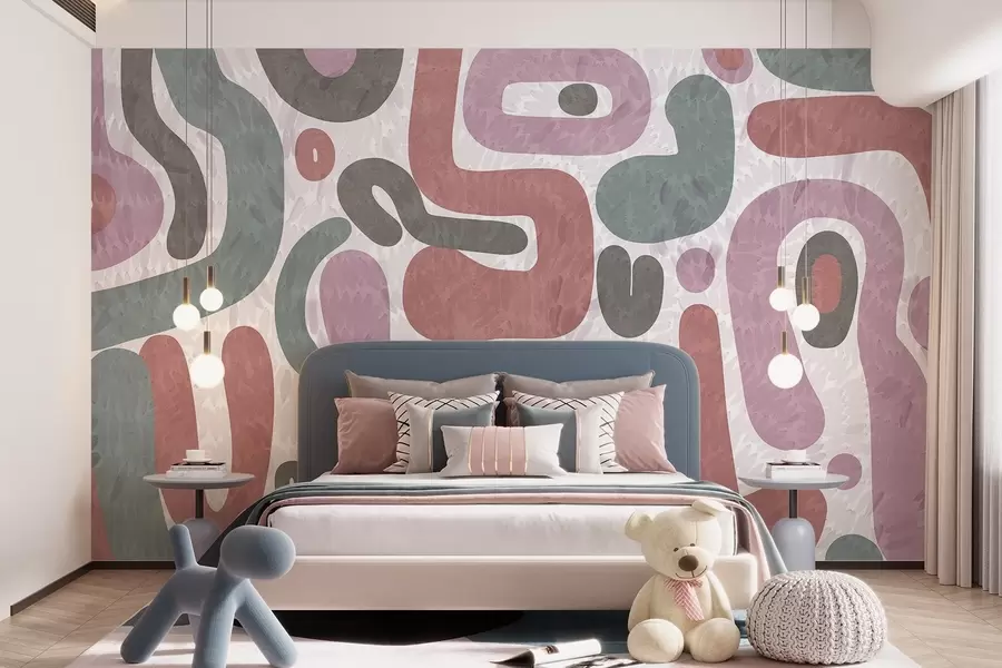 wall murals Апстрактни текстурирани облици у пригушеним ружичастим, зеленим и сивим тоновима, на текстурираној позадини модерне уметности w09622